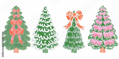 Festive christmas trees with colorful bows a hand drawn holiday illustration