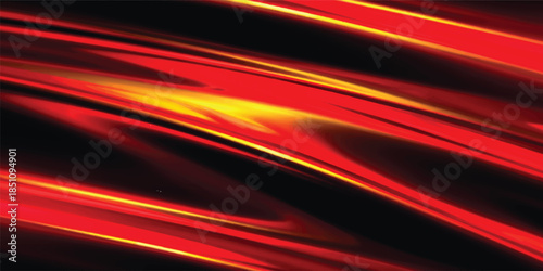 A bright red abstract background features glowing yellow wave lines and a colorful motion design with a curved energy pattern for a decorative wallpaper backdrop