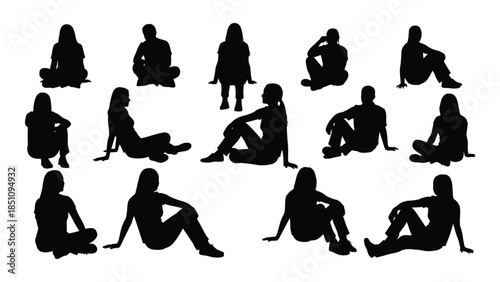 Diverse group of people in various relaxed poses captured as a striking black silhouette