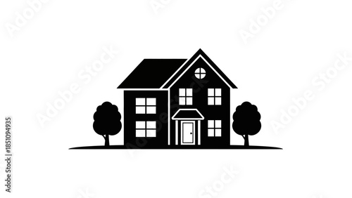 Simple black and white illustration of a classic house with trees on a white background.