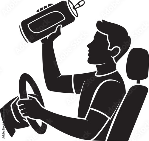 Man driving car holding water bottle in silhouette design with transparent background