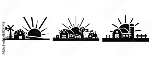 farm sunrise horizon silhouette icon set. agriculture, plant-based lifestyle symbols