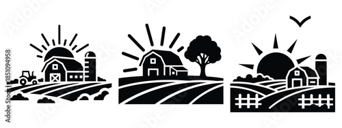 farm sunrise field silhouette icon set. agriculture, plant-based lifestyle symbols