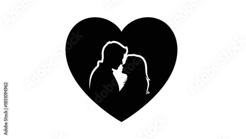 Silhouette of a loving couple inside a heart shape, symbolizing romance and affection.