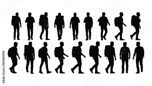 A collection of diverse human figures walking with backpacks depicted as a striking silhouette