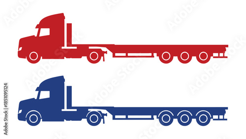 Two flatbed semi-trucks, one red and one blue, isolated on a white background.