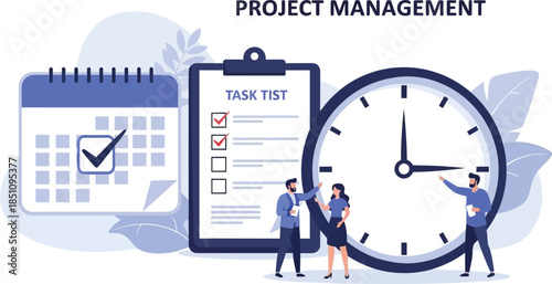 Business calendar and clock concept illustration with people and finance icons