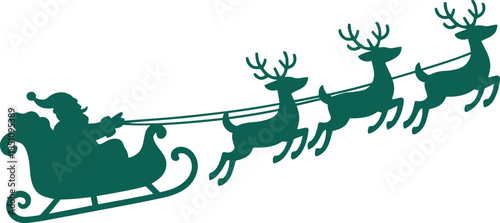 Silhouette vector of Santa Claus flying in a sleigh pulled by four reindeer, capturing classic Christmas motion and festive cheer.