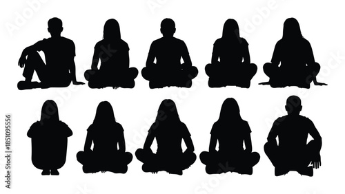 Diverse yoga poses displayed in black showcasing human forms in a striking silhouette