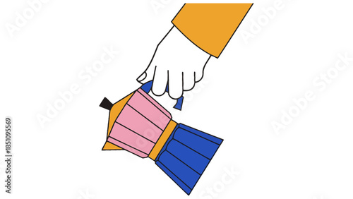Hand holding a colorful stovetop coffee maker, preparing a morning brew