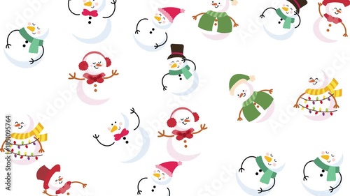 Many cartoon snowmen on a white background ideal for winterthemed designs, greeting cards, christmas decorations, and festive projects.