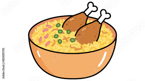 Wholesome bowl of savory rice topped with crispy chicken drumsticks and fresh peas.