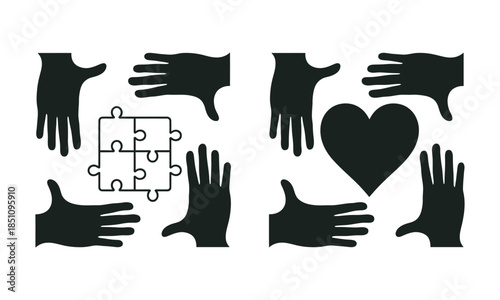 Teamwork and Community Support Icon Set, logo, Hands with Puzzle and Heart, vector illustration