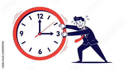 Stressed businessman struggling to stop a spinning clock, symbolizing pressure and deadlines.
