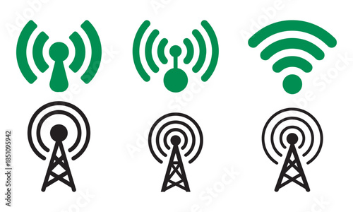 Wireless Signal and Radio Tower Icon Set, logo, WiFi, Cellular, and Broadcast Communication vector illustration