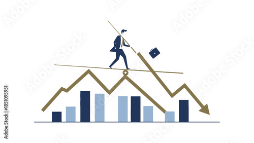 Businessman precariously balancing on a tightrope over a falling stock market graph.