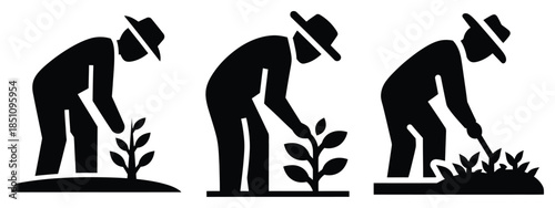 farmer bending crop silhouette icon set. agriculture, plant-based lifestyle symbols