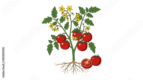 Vibrant tomato plant showcases ripe red fruits, delicate yellow blossoms, and healthy roots on a clean white background.