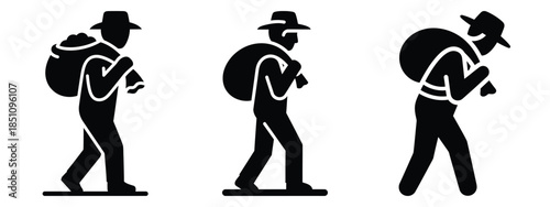 farmer carrying sack silhouette icon set. agriculture, plant-based lifestyle symbols