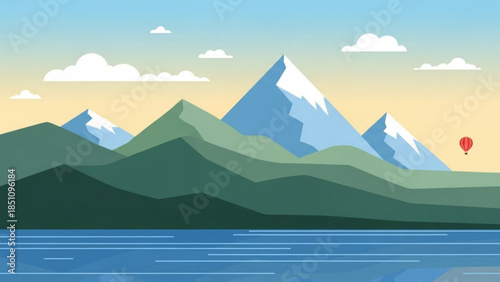 Serene Mountain Landscape with Snow-Capped Peaks, Lake, and Hot Air Balloon at Sunset