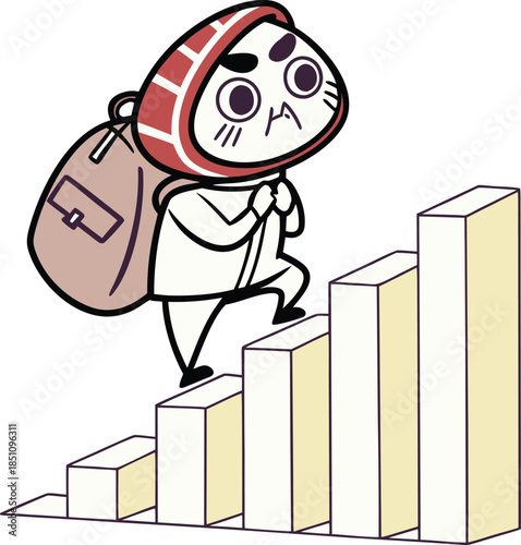 Cartoon character climbing up a bar graph with a backpack on