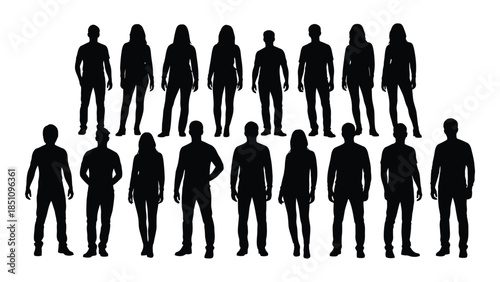 A diverse group of people represented as dark full body silhouettes standing together