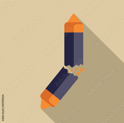 Broken crayon illustrating concepts of failure, stress, and mistake in flat design icon style