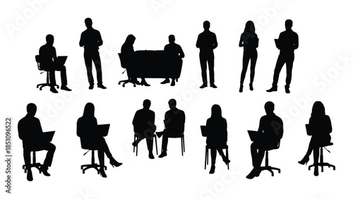 Diverse group of people in various poses and settings depicted as a striking silhouette