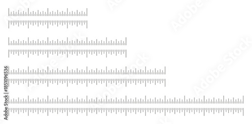 Set of measuring chart with 4, 6, 8, 12 inches. Ruler black scales. Sewing tool mockup. Length measurement math, distance, height ruler pattern. Graphic minimalist illustration isolated on a white.