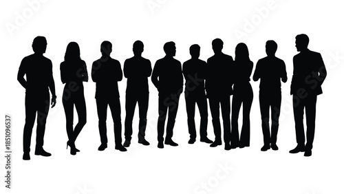 A row of black silhouettes depicting a diverse group of people standing together silhouette