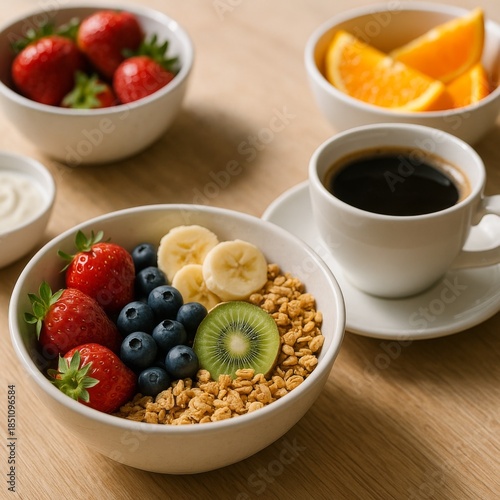 Healthy breakfast bowl with granola, fresh fruit, and coffee