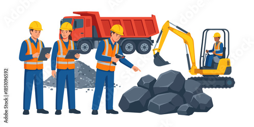 Construction workers and heavy machinery operating at quarry site