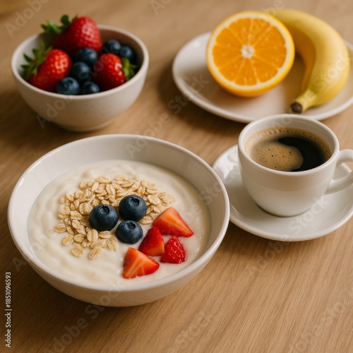 Healthy breakfast with yogurt, granola, fresh berries, coffee, and fruit on wooden table