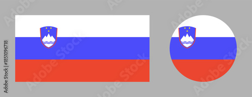 Slovenia flag rectangle, circle set. State round, rectangular symbol of Republic of Slovenia.