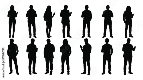 Diverse group of people shown in black shapes presenting various poses and styles silhouette