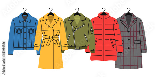 Collection of different outerwear jackets and coats hanging