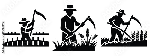 farmer harvesting field silhouette icon set. agriculture, plant-based lifestyle symbols