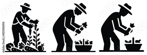 farmer harvesting vegetables silhouette icon set. agriculture, plant-based lifestyle symbols