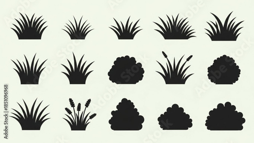 Grass and Bush Silhouettes: Various Types of Lawn and Garden Plants in Black on Light Green Background
