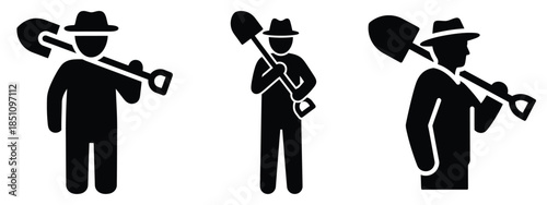 farmer holding shovel silhouette icon set. agriculture, plant-based lifestyle symbols