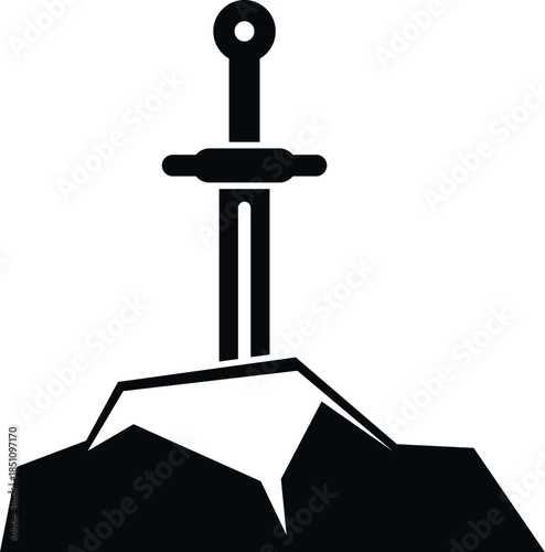 Sword stuck in a rock symbolizing strength, power, and ancient mythology