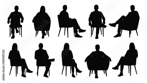 a collection of diverse people seated in chairs presented as black shapes silhouette