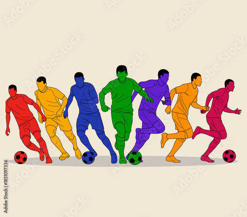 Seven dynamic soccer players kicking balls in vibrant colors, perfect for sportsthemed designs, soccer events, or marketing materials for sports brands.