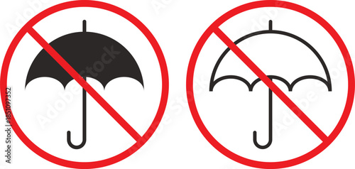 no umbrella icon set. Rain protection prohibition symbols. Umbrella forbidden graphic design. Restricted entry and safety signs.