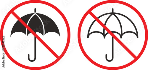 no umbrella icon set. Rain protection prohibition symbols. Umbrella forbidden graphic design. Restricted entry and safety signs.