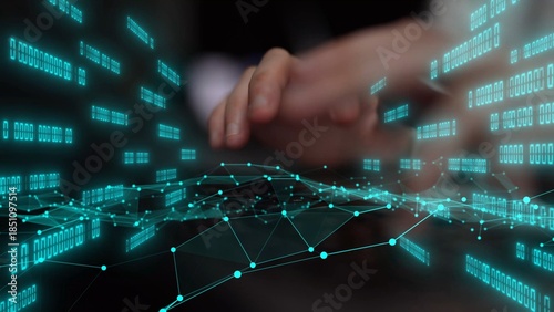 Konstfotografi Abstract representation of digital data flow and connectivity, showcasing futuristic technology and network analytics with glowing elements and visual interaction