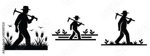 farmer silhouette walking silhouette icon set. agriculture, plant-based lifestyle symbols