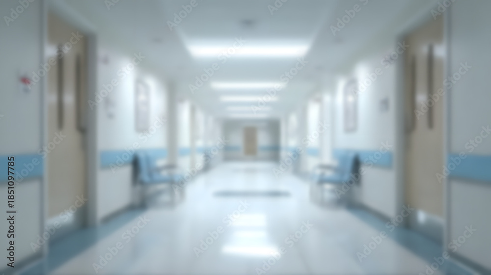 Fototapeta premium Blurry hospital corridor with blue and white walls