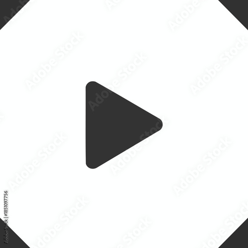 A dark gray play button within a white square, black corners accent