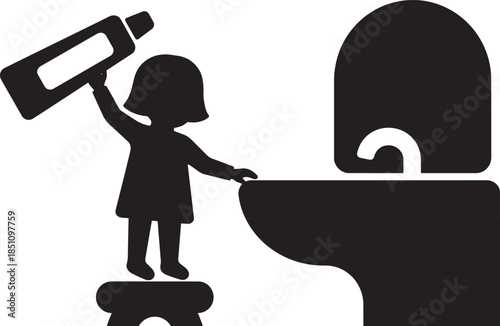Silhouette of child standing on stool brushing teeth at sink with toothpaste on transparent background